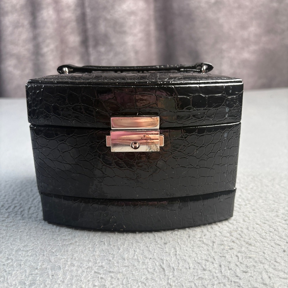 Black Croc Embossed Jewelry Box Organizer Pink Velvet Lining Mirror Mini Trunk